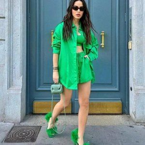 ZARA 2 PIECE SATIN OVERSHIRT AND MATCHING SHORTS GREEN